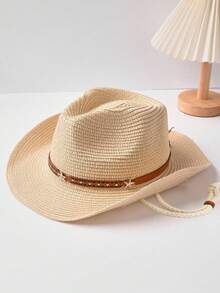 This Is A Summer Beige Straw Cowboy Hat With Leopard Print Star Studs And A Windproof Cord. It Is A Sun-Protective Hat Suitable For Beach Vacations And Music Festivals. - Star-studded Straw Hat - View 5