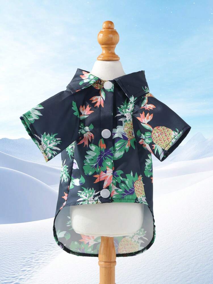 1pc Hawaiian Beach Resort Pet Cat Dog Spring Summer Autumn Paw Print Shirt, Thin Collared Button-Up Pet Clothing - Black - View 9