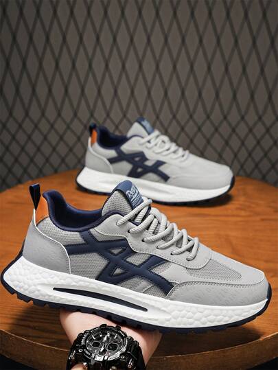 Retro Color Block Chunky Sneakers With Geometric X-Shaped Laces, Popcorn Cushioned Midsole, Versatile Streetwear Shoes For All Seasons, Multiple Colors Available, Breathable Mesh Patchwork Upper, Embossed 3D Letter Detailing, Lace-Up Athletic Casual Shoes