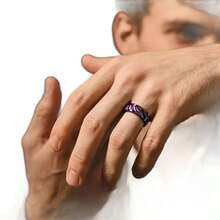 1pc 8mm Purple Grain Stainless Steel Fashionable Elegant Couple Rings, Black Purple Texture, Suitable For Men And Women Daily Wear, Gift - Multicolor - View 3