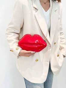 1pc Fashionable Shiny Lip Shaped Women Chain Crossbody Unique Mini Handbag PU Leather Small Bag - 紅色 - 查看 5
