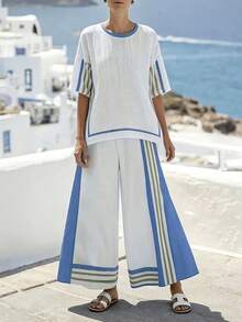 2 piezas Conjunto de mujer estilo bohemio de verano con top de hombros abiertos con estampado de rayas y manga con abertura, y pantalones de pierna ancha - Azul - Ver 4