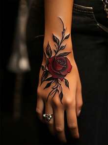 1 Piece Of Tattoo Sticker Temporary Tattoo Sticker, Pure Royal Wind Warm Red Rose Flower Pattern Waterproof And Sweatproof Washable Non-Reflective Arm And Shoulder Simulation Tattoo Suitable For Fashionable People And Can Last 3-5 Days - Multicolor - View 3