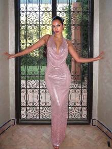 优雅性感针织露背深V领无袖派对连衣裙 - 粉色 - 查看 5