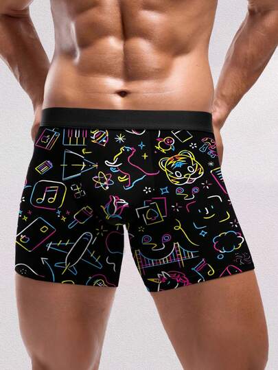 1 Pc Men's Neon Doodle Boxer Shorts, Novelty Music Note, Airplane & Tiger Icon Design, Polyester Fabric, Casual Loungewear, Unique Gift For Him, Music Fan, Traveler, Dad, Husband, Birthday, Father's Day, Cute, Minimalist, Fun, Great For Fitness Guys