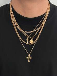 4pcs Vintage Fashionable Multi-Element Geometric Metal Jesus Cross Pendant Necklace, Men's Layered Charm Necklace Set - Silver - View 5