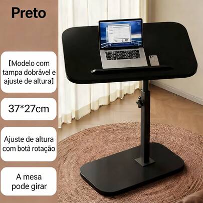 Mesa de Apoio para Sofá em Formato C Preta, Mesa Lateral Pequena Ajustável em Altura com Bandeja Giratória 360°, Mesa de Cabeceira para Quarto, Sala de Estar e Escritório, Resistente e Compacta para Pequenos Espaços