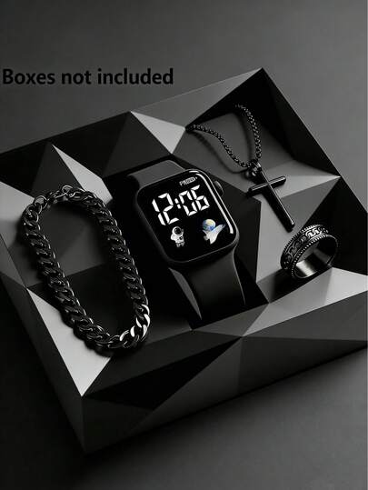4/1 Piece. A Stylish Business Casual Digital Electronic Watch For Boys. Suitable For Boys To Wear. Comes With A Fashionable Bracelet, Pendant Necklace And Ring Set. Suitable For Students To Wear. Perfect For Daily Use, Such As Going Back To School, Attending Parties And Traveling. Birthday Gifts, Graduation Season, Christmas - An Excellent Gift For Boys.