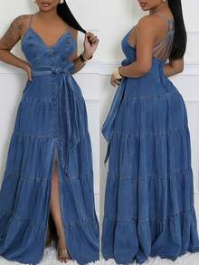 Women's Sexy V-Neck Halter Denim Dress | Backless Adjustable Strap, Tiered & Split Design, Flowy Silhouette, Ideal For Dates & Casual Outings - 藍色 - 查看 1