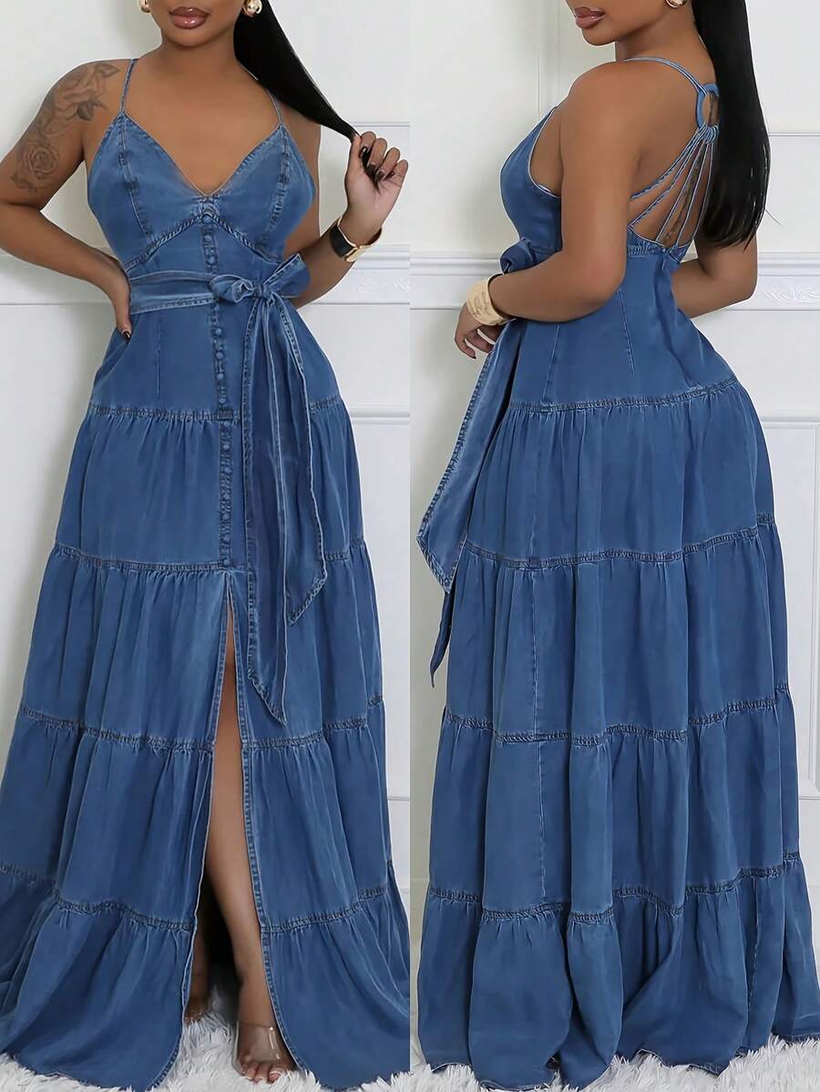 Women's Sexy V-Neck Halter Denim Dress | Backless Adjustable Strap, Tiered & Split Design, Flowy Silhouette, Ideal For Dates & Casual Outings - 藍色 - 查看 1