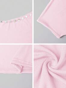 Vaiaye 女士宽松休闲圆领单肩T恤，贝壳装饰修身T恤，春夏露肩上衣 粉色 - 粉色 - 查看 11