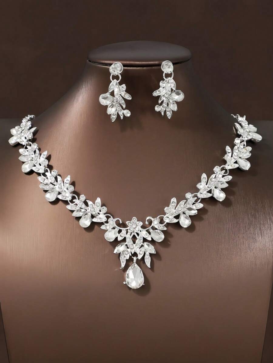 3pcs Women's Bridal Wedding Necklace, Earrings Jewelry Set And Elegant Party Accessories - Silver - View 1