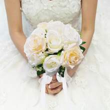 白色新娘捧花，象牙色婚礼捧花，人造玫瑰花束，婚礼花卉配饰，家居派对餐桌装饰中心摆件，复活节花束，夏季，海滩 - 米色 - 查看 18