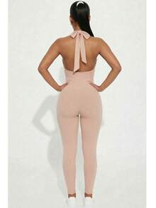 Women's Rib Knit Halter V-Neck Bodycon Jumpsuit - Casual Solid Color, Slim Fit Summer Jumpsuit, Polyester, Machine Washable - Toffee - View 3