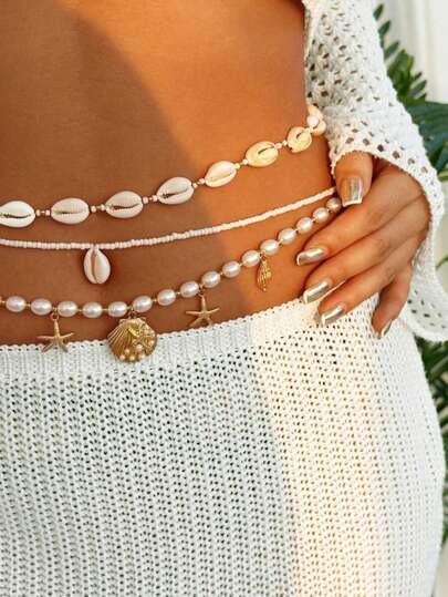 3pcs Multilayer Bohemian Beach Style Pearl Starfish Beaded Waist Chain, Beach Body Jewelry Chain For Women
