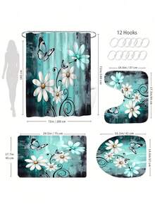 [Rustic Shower] 4pcs Rustic Farmhouse Shower Curtain Set Farm Teal Daisy Floral Bathroom Set With Non-Slip Rugs, U-Shaped Mat, Toilet Seat Cover, Machine Washable Shower Curtain With 12 Hooks, Country Wooden Design With Flowers And Butterflies - A - View 4