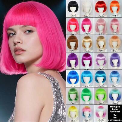 1pc Fashion Short Hair With Bangs Wig, Multicolor Anime Cosplay Wig Suitable For Party, Available In Pink, Green, Black, Gold, Red, Brown, Blue, White, Purple, Orange, Yellow, Rainbow And Other Vibrant Colors, Suitable For Holidays, Anime Conventions, Celebrations, Fluorescent Multicolor Cosplay Everyday Party Outfit, Daily Wear, Also A Great Birthday Gift