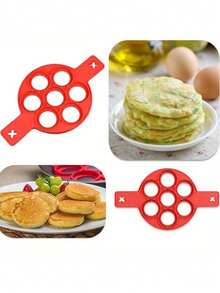 1个硅胶不粘煎饼和鸡蛋制作器 - 7杯圆形烹饪工具，轻松烘焙和煎炸，红色，厨房必备，迷你煎饼器 - 查看 7