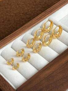 Western Jewelry Anckle Bracelet5 Pairs Minimalist Luxury Casual Copper Hoop Earrings, Geometric Design, Versatile & Elegant Women Earrings Setjewelry Woman Beach Accsesories - 黃金 - 查看 2