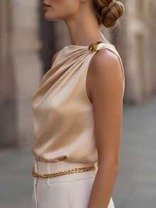 Vuslat 女士夏季梭织柔软缎面休闲通勤风翻领纯色褶裥不对称金属纽扣衬衫，适合情人节、工作通勤、商务会议、度假、狂欢节等场合。 - 香檳色 - 查看 6