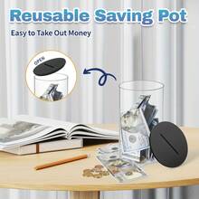 Transparent Acrylic Piggy Bank With Access Function, Transparent Coin Bank With Lid - Black - View 3