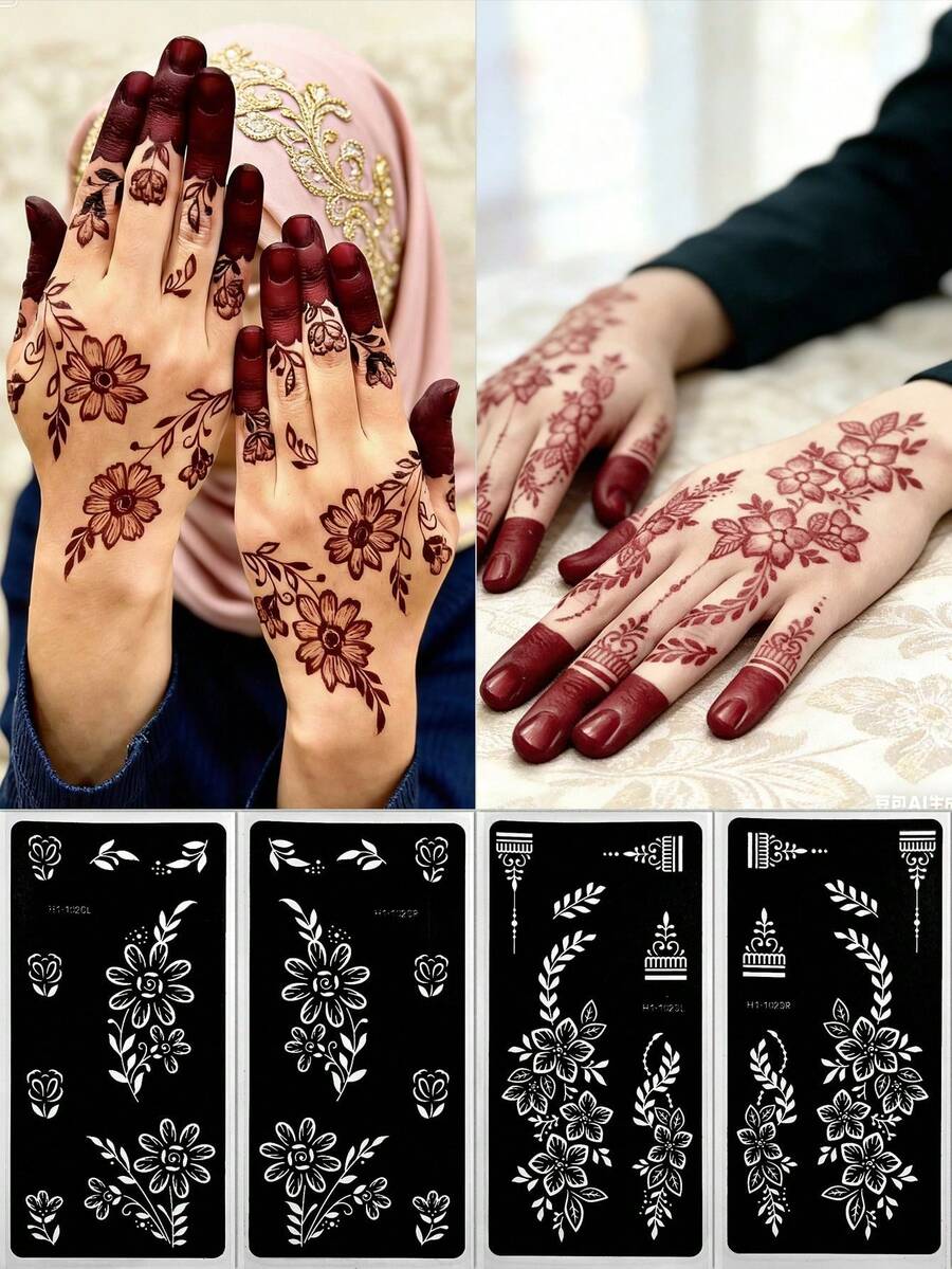 Reusable Self-Adhesive Hand Tattoo Stickers - Floral Pattern Stickers, Suitable For DIY Body Painting, Ideal For Parties And Events, Also For Crafting, Reusable, Tattoo Template Stickers - Black - View 1