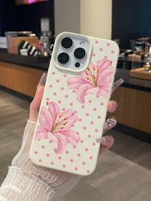 Ins Style Pink Lily Flower With Fine Pink Polka Dots, High-Quality Matte White Leather Texture Shockproof Anti-Scratch Non-Slip Phone Case, Compatible With IPhone & Galaxy - White - View 4