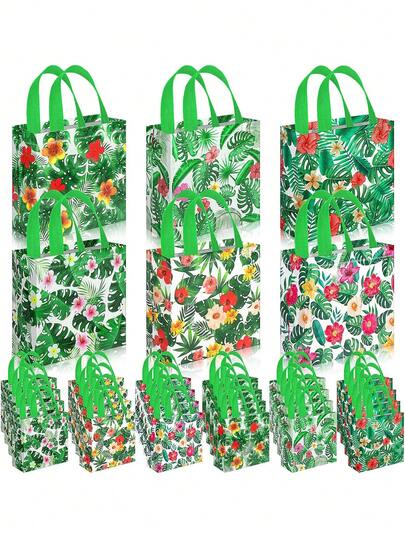 6pcs Hawaiian Party Gift Bags, Hawaiian Beach Small Gift Bags, Palm Tropical Fabric, Palm Party Gift Bags (With Handles), Non-Woven Small Gift Bags, Party Gift Bags, Packaging Supplies, Suitable For Birthday Party Packaging