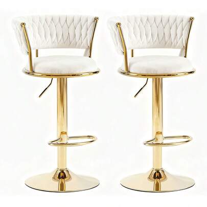 Samt-Barhocker-Set (2er-Set), höhenverstellbar, um 360° drehbar, mit handgewebter Rückenlehne und goldener Fußstütze, ideal für Esszimmer und Kücheninsel.