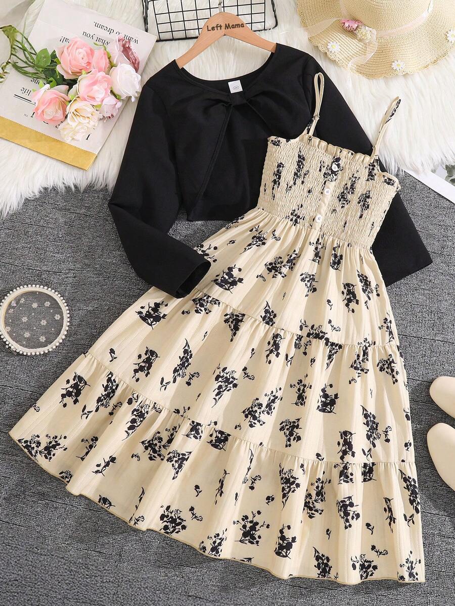 Parte superior de manga larga y vestido de tirantes finos con estampado floral para niñas preadolescentes, primavera/otoño - Negro - Ver 1