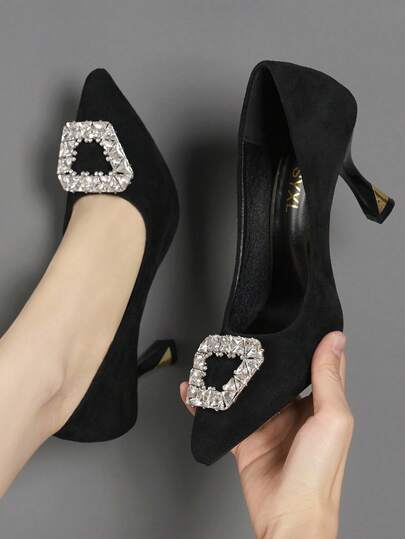 Women's High-End Rhinestone Black Suede Pointed Toe Low Vamp Stiletto High Heel Pumps, Sexy Open Toe Party Clubwear Wedding Office Daily Wear, 8.5cm Heel Height