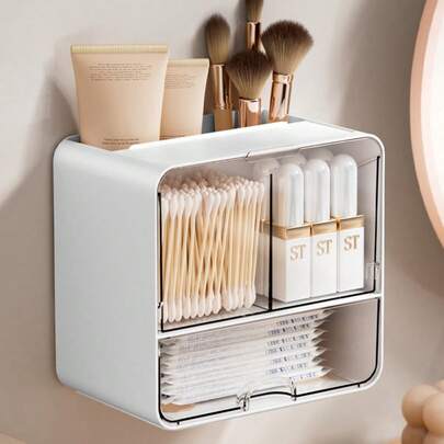 1 pieza Organizador de cosméticos montado en la pared a prueba de agua con cajones - Caja de almacenamiento de plástico para el tocador del baño, brochas de maquillaje, lápices labiales y cuidado de la piel, diseño compacto de menos de 27 pulgadas, regalo perfecto para niñas, organizadores y almacenamiento de baño