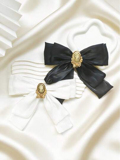 1件手工女士纯色压花美丽头饰蝴蝶结领花，适合复古风、校园风、派对、通勤等场合