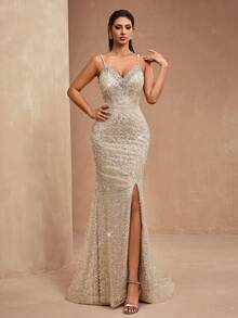 新款奢华优雅女士礼服，饰以华丽亮片、蕾丝、串珠肩带、刺绣领口，鱼尾裙摆高开衩设计，适合正式晚宴、盛大派对、红毯活动、婚礼、鸡尾酒会等场合。 - 杏色 - 查看 2