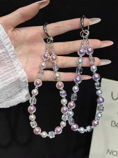 1pc New Delicate Luxury Korean Style Purple Shell & Crystal Beaded Elegant Sweet High-Quality Design Phone Lanyard, Camera Strap, Key Chain