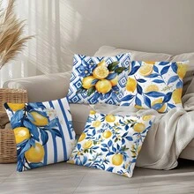 4 pièces Set de simples housses de coussin rayées bleues et citrons pour usage quotidien, en matériau velours pêche imprimé sur un seul côté, tailles 45*45/50*50/40*40CM. Convient pour la décoration minimaliste moderne de salon, cadeau, décoration de fête. - Multicolore - Voir 5