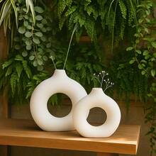 2Pcs Vase Set For Modern Abstract Donut Round Minimalist Tabletop Decorative White - 白色 - 查看 5