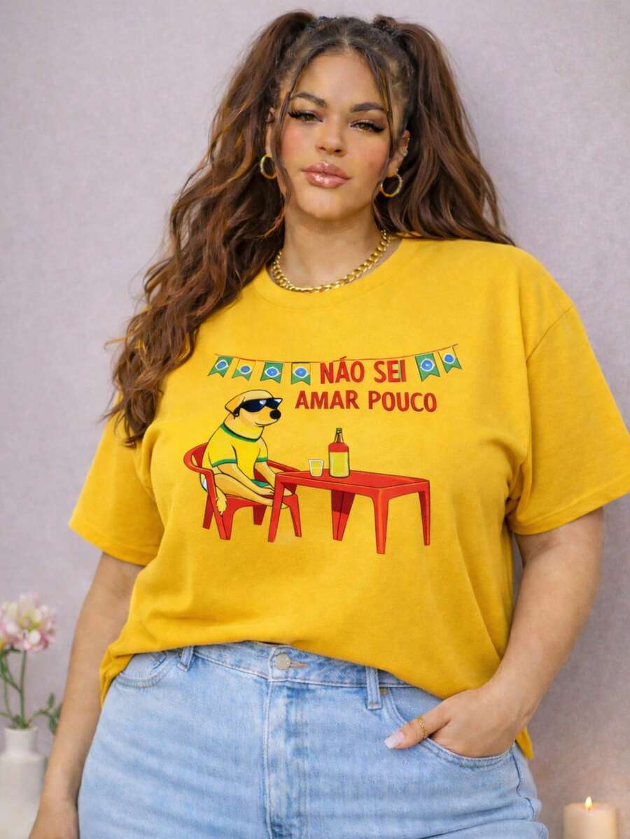 Women's Plus Size Plain Crew Neck T-Shirt, , Oversized, 100% Premium Cotton, Copa Hexa Football - 黃色 - 查看 1