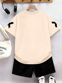 Teenage Boys Cartoon Square Pattern Round Neck Short Sleeve T-Shirt + Cargo Pants Summer New Set - Multicolor - View 4