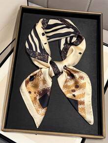 1pc 65*65cm Square Scarf, Women's Satin Silk Imitation Zebra & Leopard Print, Versatile Neckerchief Headband Shawl - Multicolor - View 1
