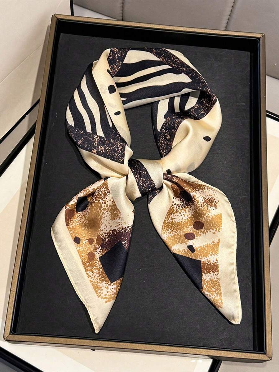 1pc 65*65cm Square Scarf, Women's Satin Silk Imitation Zebra & Leopard Print, Versatile Neckerchief Headband Shawl - Multicolor - View 1
