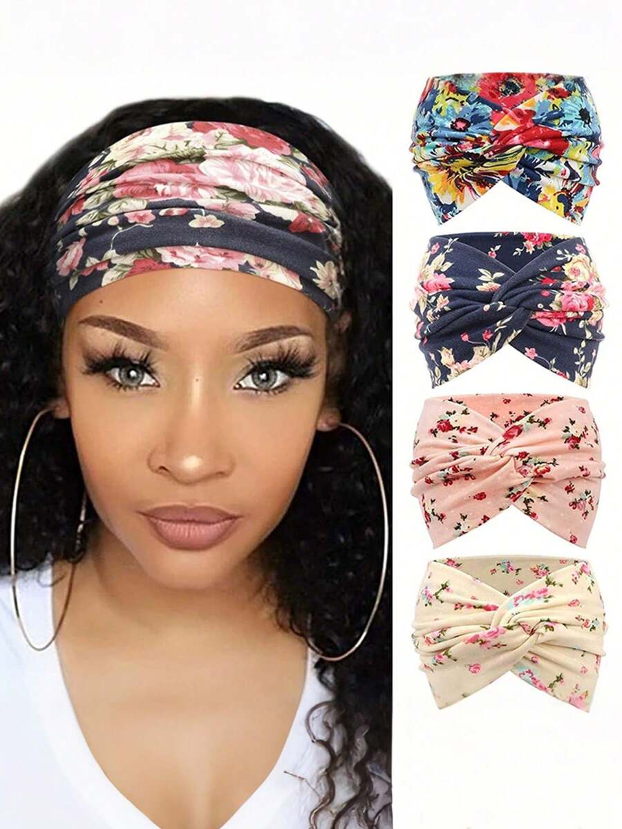 1/4pcs European And American Cashew Flower Hair Bands, Flower-Print Hair Accessories, Sporty Running Bohemian Face And Makeup Hair Ties With Crossed Wide Edges, Women's Hair Accessories Summer Headband Sport Sweatband,Holiday,Travel - Multicolor - View 1