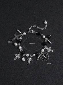 1件复古镂空蕾丝心形十字架手链，手工仿珍珠十字架手链，女士款 - 銀色 - 查看 7