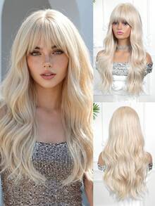 24英寸金色长卷发假发，带刘海，女士合成假发，时尚百搭，适合日常佩戴、派对、角色扮演、度假、旅行、家庭聚会、母亲节礼物、开斋节礼物、返校礼物、女孩礼物、夏季毕业礼物、现成礼物、万圣节和圣诞节礼物 - 挑染金色 - 查看 3