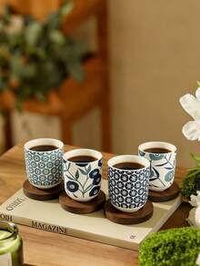 4pcs Creative Ceramic Small Espresso Cups, Minimalist Coffee Cups, Cappuccino Cups With Wooden Tray, Household Coffee Cup Set, Tabletop Mugs, Ceramic Tea Cups For Royal Afternoon Tea - Multicolor - View 1