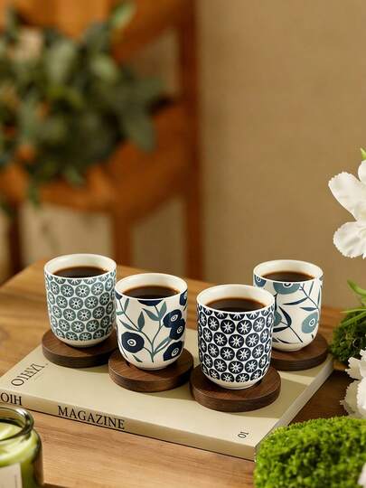 4pcs Creative Ceramic Small Espresso Cups, Minimalist Coffee Cups, Cappuccino Cups With Wooden Tray, Household Coffee Cup Set, Tabletop Mugs, Ceramic Tea Cups For Royal Afternoon Tea