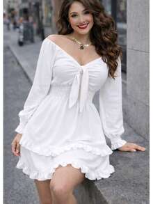 VESTIDO CORTO MANGA LARGA CON RESORTE ESTILO CAMPIRANO DOBLE OLAN TELA CEY. MOD. ELSIE - Blanco - Ver 4