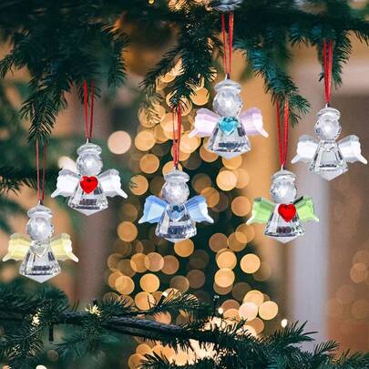 Crystal Angel Ornament With Colored Heart & Wings, Christmas Tree Decor, Car Rearview Mirror Hanging Pendant, Holiday Gift For Women