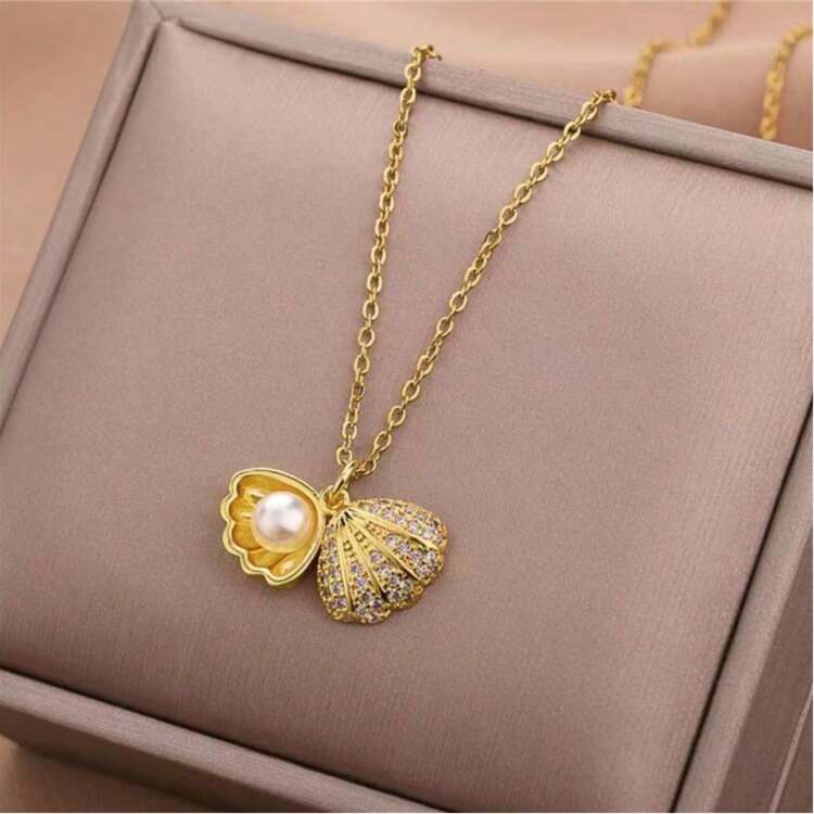 1 chiếc dây chuyền thép titan đính vỏ sò và ngọc trai Hàn Quốc, dây chuyền xương đòn cá nhân hóa thanh lịch. - vỏ bọc - Xem 6