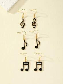 3Pairs Set Enamel Music Note Design Minimalist Personalized Earrings For Daily Wear Gift For Women Girls Fashion Jewelry 2024 New  Earring Accessories 1GH3 - 彩色 - 查看 2